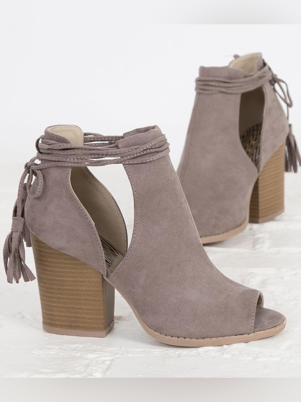 Qupid Taupe Peep-Toe Block Heel Ankle Boots